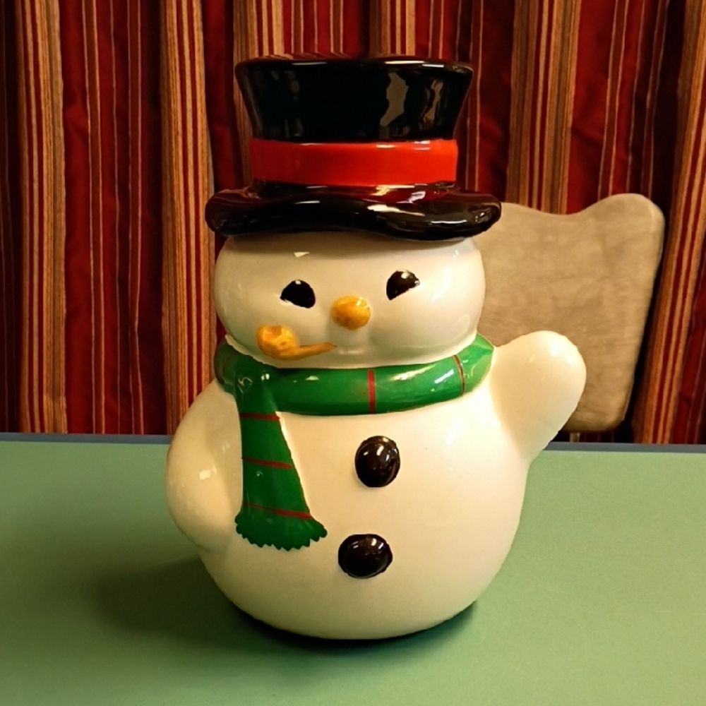 Vintage Snowman Cookie Jar with Black Hat and Green Scarf